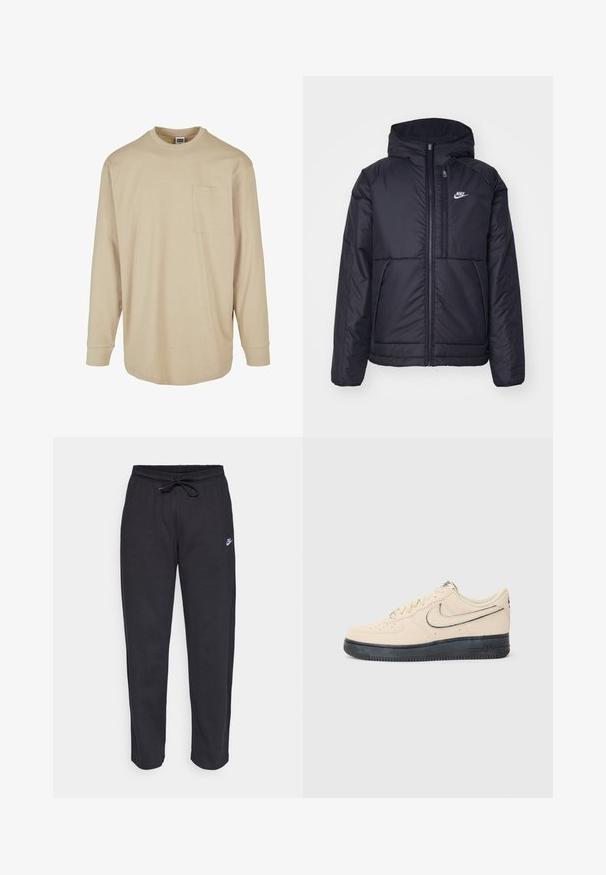 Schwarze, gepolsterte Nike-Jacke mit Frontreißverschluss und Kapuze. Hat ein weißes Logo auf der linken Brust und zwei Fronttaschen. Glattes äußeres Material.; Beige Langarm-T-Shirt aus Baumwolle. Mit Rundhalsausschnitt, einer linken Brusttasche und normaler Passform mit gefütterten Bündchen.; Schwarze Sweatpants aus weichem Stoff mit elastischem Bund, Kordelzug und kleinem Nike-Logo auf dem linken Oberschenkel.; Beige Wildleder Nike Air Force 1 Sneaker mit einer schwarzen Gummisohle, gestickten Akzenten, perforierter Zehenpartie und einem auffälligen Swoosh-Logo.