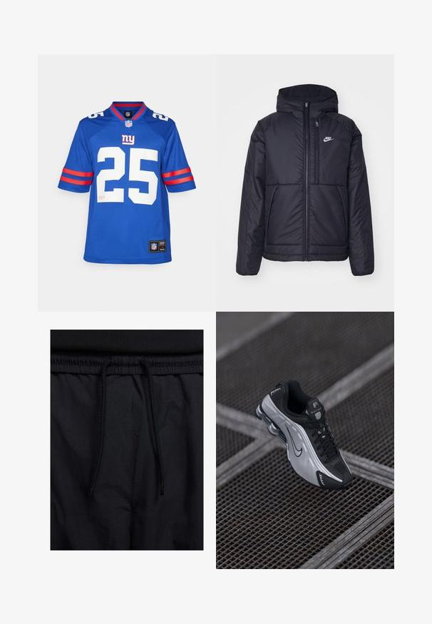 Čierna, polstrovaná bunda Nike so zipsom vpredu a kapucňou. Na ľavej strane hrude sa nachádza biele logo a sú tu dva predné vrecká. Hladký vonkajší povrch.; Modrá NFL dres s bielym číslom 25, krátkymi rukávmi so červeno-bielymi pruhmi a pleteným golierom. Nášivka loga na spodnom leme.; Čierne šortky s pásom na stiahnutie, z ľahkej látky s hladkou textúrou a jednoduchým dizajnom bez viditeľných log alebo vzorov.; Nike športová obuv s čierno-strieborným dizajnom. Vyrobená z funkčných materiálov s sieťovými akcentmi a podporou v podošve s viditeľným vzduchovým odpružením.