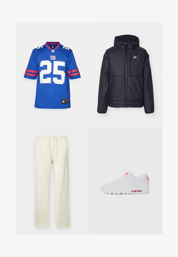 Svart, polstret Nike-jakke med frontglidelås og hette. Har en hvit logo på venstre bryst og doble frontlommer. Glatt ytterside.; Blå NFL-drakt med hvitt nummer 25, røde og hvite stripete kortermede ermer og strikket krage. Logomerke ved kanten.; Lysebeige joggebukser med snor i midjen, laget av mykt materiale. Har en subtil Nike-logo i hvitt på venstre lår.; Hvite atletiske joggesko med glatt overdel, snøring, polstret såle og synlig luftenhet med røde detaljer på merket.