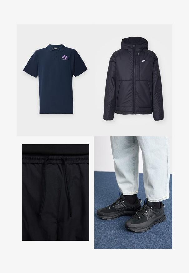 Črna, podložena Nike jakna z sprednjim zadrgo in kapuco. Ima bel logo na levem prsnem delu in dvojna sprednja žepa. Gladka zunanja tekstura.; Temno moderna polo majica iz bombaža, z rožnato vezanim logotipom konja. Kratki rokavi in klasična zasnova ovratnika.; Črne kratke hlače z vrvico v pasu, lahkotna tkanina z gladko teksturo in preprosto zasnovo brez vidnih logotipov ali vzorcev.; Črne športne čevlje z teksturirano tkanino in gumijastimi podplati, ki imajo elastične vezalke ter modre poudarke na peti. Nosi se z lahkimi denim hlačami.