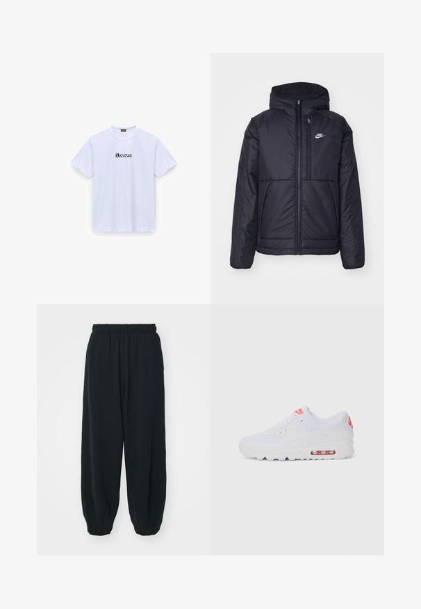 Black, padded Nike jacket with a front zipper and hood. Features a white logo on the left chest and dual front pockets. Smooth exterior texture.; White cotton t-shirt with short sleeves, round neck, featuring black stylized text "Wonderful" on the front. Smooth texture, standard fit.; Black, elasticated-waist sweatpants with a loose fit, cuffed ankles, smooth texture, and no visible patterns or hardware accents.; White athletic sneaker featuring a smooth upper, lace closure, cushioned sole, and a visible air unit with red accents on the branding.