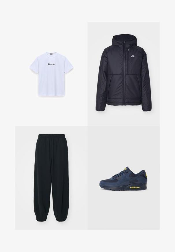 Svart, polstret Nike-jakke med frontglidelås og hette. Har en hvit logo på venstre bryst og doble frontlommer. Glatt ytterside.; Hvit bomulls t-skjorte med korte ermer, rund hals, med svart stilisert tekst "Wonderful" på forsiden. Glatt tekstur, standard passform.; Sorte, joggebukser med elastisk liv, løs passform, mansjetter på ankler, glatt tekstur og uten synlige mønstre eller hardware-detaljer.; Marineblå Nike Air Max sneakers med overdel i ruskind og mesh, med gule detaljer, snørebånd fortil og synlig luftdæmpning i sålen.