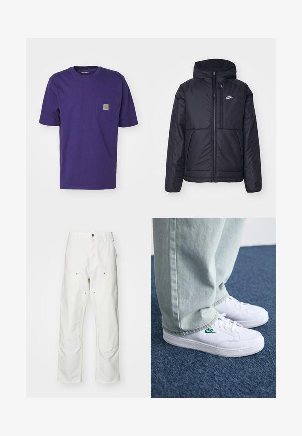 Fekete, párnázott Nike dzseki elülső cipzárral és kapucnival. A bal mellen fehér logó található, valamint két elülső zseb. Simának tűnő külső felület.; Carhartt WIP POCKET - Basic póló - aura; Fehér pamut cargo nadrág, laza szabású. Jellemzői közé tartozik az elülső zsebek, az arany színű fémalkatrészek és a megerősített térd részek.; Fehér bőr sportcipők zöld Nike logóval, kerek orral, lapos talppal, világoskék farmernadrággal párosítva, kék szőnyegen bemutatva.