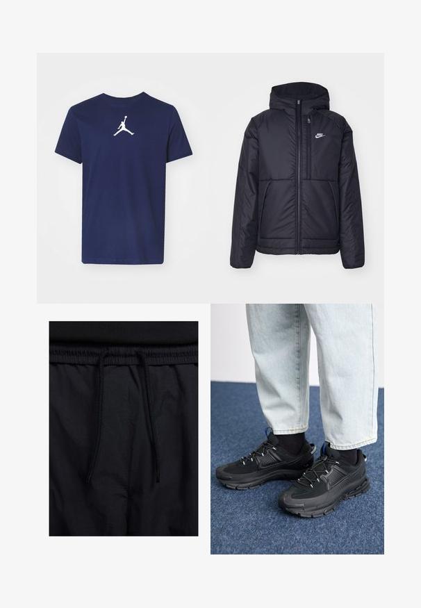 Casaco Nike preto, acolchoado, com fecho à frente e capuz. Apresenta um logo branco no lado esquerdo do peito e dois bolsos frontais. Textura exterior lisa.; T-shirt de algodão azul-marinho com mangas curtas, apresentando um logo Jumpman branco centralizado no peito. Design clássico com gola redonda.; Calções pretos com um cós elástico ajustável, fabricados em tecido leve com uma textura suave e um design simples, sem logótipos ou padrões visíveis.; Sapatilhas desportivas pretas com tecido texturizado e solas em borracha, apresentando atacadores elásticos e um detalhe azul no calcanhar. Usadas com calças de ganga claras.