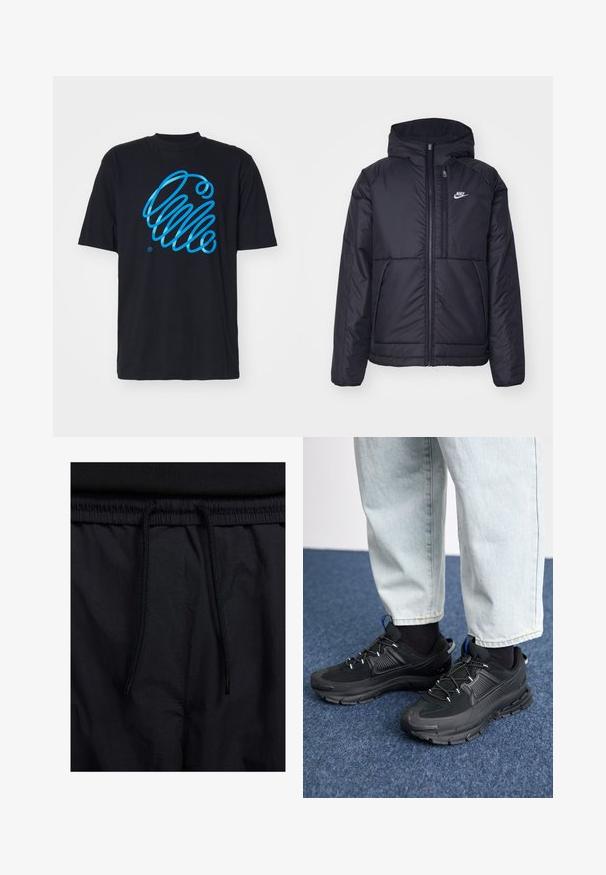 Giacca Nike nera, imbottita, con zip frontale e cappuccio. Presenta un logo bianco sul lato sinistro del petto e doppie tasche frontali. Texture esterna liscia.; Carhartt WIP NOODLE - T-shirt con stampa - black; Shorts neri con vita regolabile tramite coulisse, tessuto leggero con una texture liscia e un design semplice senza loghi o motivi visibili.; Scarpe sportive nere con tessuto testurizzato e suole in gomma, dotate di lacci elastici e un accento blu sul tallone. Indossate con pantaloni in denim chiaro.