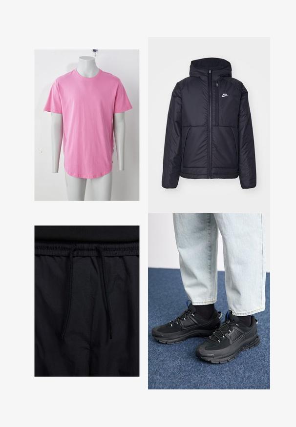 Juodas, paminkštintas Nike džemperis su priekyje užtrauktuku ir gobtuvu. Pasižymi balta logo kairėje krūtinės pusėje ir dviem priekinėmis kišenėmis. Su lygiu išoriniu paviršiumi.; Rožinės spalvos trumpomis rankovėmis medvilninė marškinėliai su apvalia iškirpte, lygiu paviršiumi ir apvalia apačia. Šone yra etiketė.; Juodos šortai su raišteliu juosmens srityje, lengva medžiaga su lygiu paviršiumi ir paprastas dizainas be matomų logotipų ar raštų.; Juodi sportiniai bateliai su tekstūruota medžiaga ir guminiais padais, su elastingomis raišteliais ir mėlynu akcentu ant kulno. Dėvimi su šviesiai mėlynomis džinsinėmis kelnėmis.