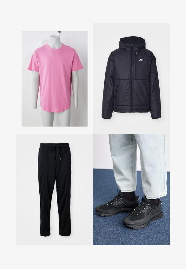 Melna, pufota Nike jaka ar priekšējo rāvējslēdzēju un kapuci. Iezīmēta ar baltu logotipu uz kreisās krūtis un divām priekšējām kabatām. Gluda ārējā tekstūra.; Rozā īsroku kokvilnas T-krekls ar apaļu kakla izgriezumu, gludu tekstūru un noapaļotu apakšu. Sānos ir uzlīme.; Melnas bikses ar aukliņu jostas vietā, ar sānu kabatām un taisnu kāju griezumu uz vienkrāsaina fona.; Melni sporta apavi ar strukturētu audumu un gumijas zoli, ar elastīgām auklām un zilu akcentu uz papēža. Nēsāti ar gaišām džinsu biksēm.