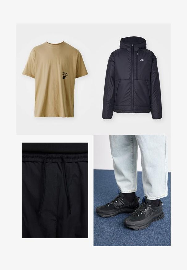 Casaco Nike preto, acolchoado, com fecho à frente e capuz. Apresenta um logo branco no lado esquerdo do peito e dois bolsos frontais. Textura exterior lisa.; T-shirt bege de manga curta feito de algodão, com o texto preto "USO OFICIAL APENAS" e o logótipo da Nike no lado esquerdo do peito.; Calções pretos com um cós elástico ajustável, fabricados em tecido leve com uma textura suave e um design simples, sem logótipos ou padrões visíveis.; Sapatilhas desportivas pretas com tecido texturizado e solas em borracha, apresentando atacadores elásticos e um detalhe azul no calcanhar. Usadas com calças de ganga claras.