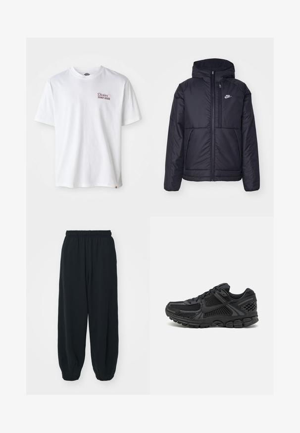 Črna, podložena Nike jakna z sprednjim zadrgo in kapuco. Ima bel logo na levem prsnem delu in dvojna sprednja žepa. Gladka zunanja tekstura.; Bela bombaža majica s kratkimi rokavi, ki na levi strani prsnega dela nosi rdeči logotip "Dickies Donut House" in okrogli izrez.; Črne, elastične hlače za prosti čas z ohlapnim krojem, manšetami na gležnjih, gladko teksturo in brez vidnih vzorcev ali dodatkov.; Črne športne čevlje z mrežasto zgornjico, gumijastim podplatom in teksturiranimi detajli. Oblikovanje vključuje izstopajoč sistem vezalk in oblazinjen podplat.