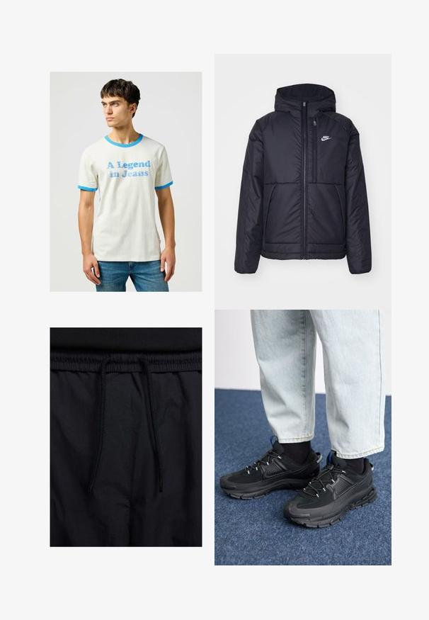 Zwarte, gewatteerde Nike-jas met een voorkant met ritssluiting en capuchon. Kenmerkt zich door een wit logo op de linkerborst en dubbele frontzakken. Gladde buitenkant.; Witte katoenen T-shirt met blauwe ribgebreide accenten op de kraag en mouwen. Voorzien van de tekst "A Legend in Jeans" in blauwe letters.; Zwarte shorts met een drawstring tailleband, lichtgewicht stof met een zachte textuur en een eenvoudig ontwerp zonder zichtbare logo's of patronen.; Zwarte sportschoenen met gestructureerde stof en rubberen zolen, met elastische veters en een blauwe accent op de hiel. Draag samen met lichte spijkerbroeken.