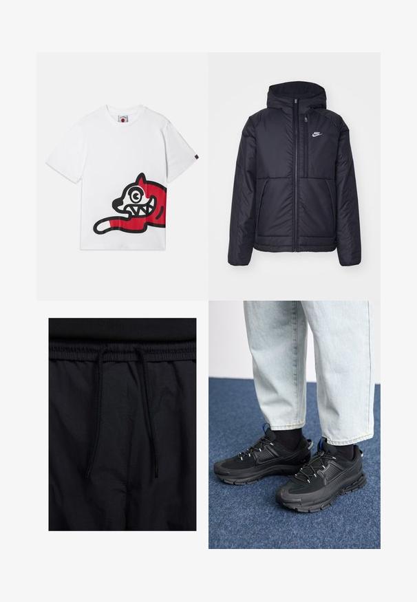 Svart, polstret Nike-jakke med frontglidelås og hette. Har en hvit logo på venstre bryst og doble frontlommer. Glatt ytterside.; Hvit bomulls T-skjorte med et stort rødt og svart grafisk bilde av en tegneserieaktig katt med overdrevent store øyne og tenner, plassert på siden.; Sorte shorts med snor i livet, lett stoff med en jevn tekstur, og et enkelt design uten synlige logoer eller mønstre.; Svarte sportssko med teksturert stoff og gummisåler, med elastiske lisser og en blå detalj på hælen. Brukt med lyse denimbukser.