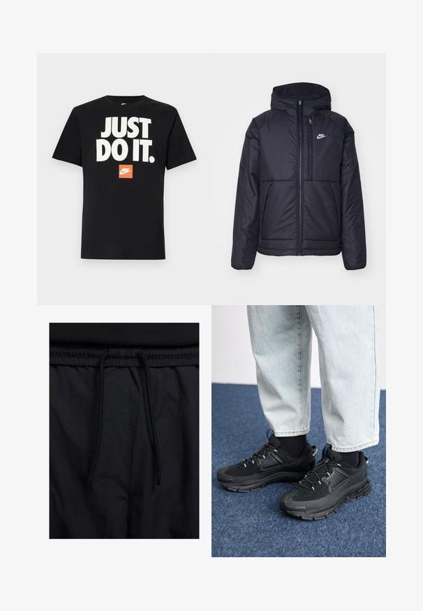 Melna, pufota Nike jaka ar priekšējo rāvējslēdzēju un kapuci. Iezīmēta ar baltu logotipu uz kreisās krūtis un divām priekšējām kabatām. Gluda ārējā tekstūra.; Melnas kokvilnas T-krekls ar īsām piedurknēm. Ar lieliem baltajiem burtiem "JUST DO IT." virs maza oranža Nike logo. Standarta apaļa kakla dizains.; Melni šorti ar sašūtu jostu, viegls audums ar gludu tekstūru un vienkāršs dizains bez redzamiem logotipiem vai paraugiem.; Melni sporta apavi ar strukturētu audumu un gumijas zoli, ar elastīgām auklām un zilu akcentu uz papēža. Nēsāti ar gaišām džinsu biksēm.