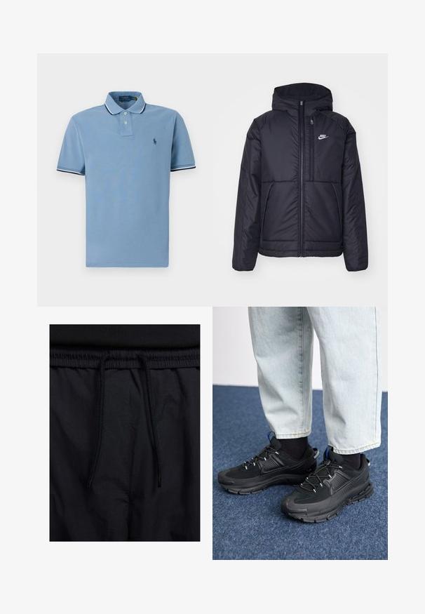 Casaco Nike preto, acolchoado, com fecho à frente e capuz. Apresenta um logo branco no lado esquerdo do peito e dois bolsos frontais. Textura exterior lisa.; Polo em azul claro com gola, palas de dois botões, detalhes em riscas brancas e azul marinho nas mangas, e um pequeno logotipo.; Calções pretos com um cós elástico ajustável, fabricados em tecido leve com uma textura suave e um design simples, sem logótipos ou padrões visíveis.; Sapatilhas desportivas pretas com tecido texturizado e solas em borracha, apresentando atacadores elásticos e um detalhe azul no calcanhar. Usadas com calças de ganga claras.