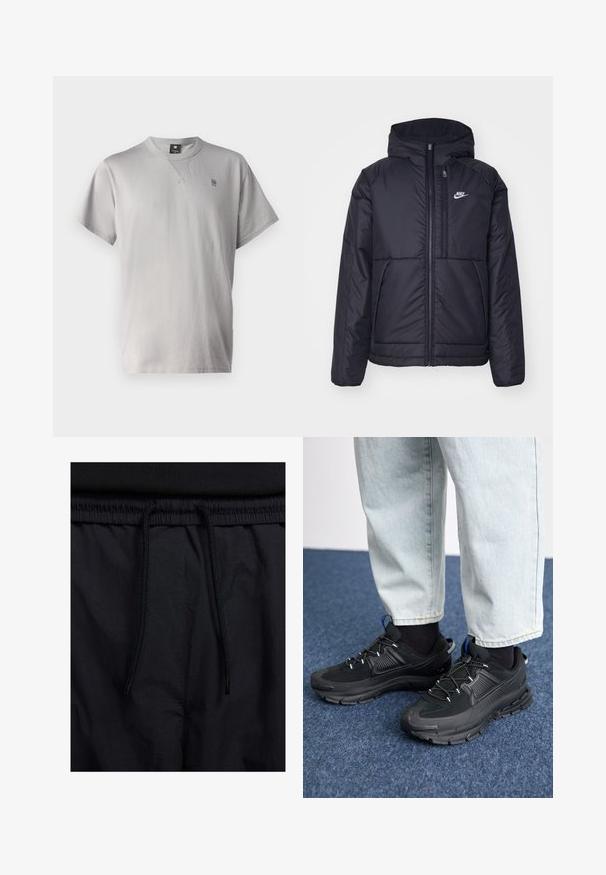 Juodas, paminkštintas Nike džemperis su priekyje užtrauktuku ir gobtuvu. Pasižymi balta logo kairėje krūtinės pusėje ir dviem priekinėmis kišenėmis. Su lygiu išoriniu paviršiumi.; G-STAR NIFOUS - Paprasti marškinėliai - sharkskin; Juodos šortai su raišteliu juosmens srityje, lengva medžiaga su lygiu paviršiumi ir paprastas dizainas be matomų logotipų ar raštų.; Juodi sportiniai bateliai su tekstūruota medžiaga ir guminiais padais, su elastingomis raišteliais ir mėlynu akcentu ant kulno. Dėvimi su šviesiai mėlynomis džinsinėmis kelnėmis.
