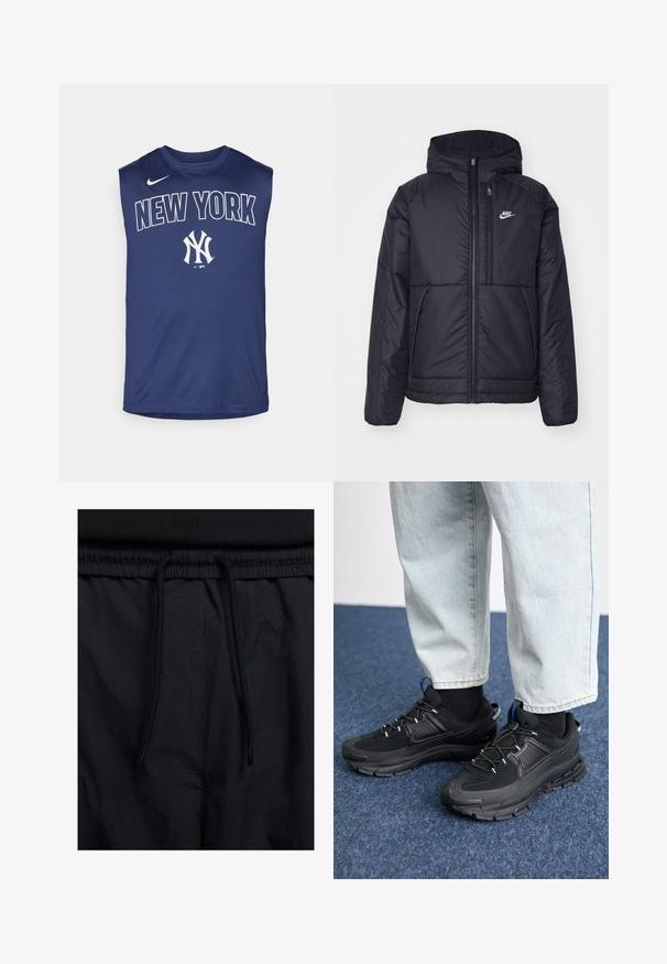 Fekete, párnázott Nike dzseki elülső cipzárral és kapucnival. A bal mellen fehér logó található, valamint két elülső zseb. Simának tűnő külső felület.; Könnyű anyagú, ujjatlan tengerészkék mez, amelynek közepén vastag fehér betűkkel van felírva, hogy "NEW YORK", valamint az NY sportlogó.; Fekete rövidnadrág, húzózsinórral ellátott derékrésszel, könnyű anyagból, sima felszínen, egyszerű dizájnnal, látható logók vagy minták nélkül.; Fekete sportcipők texturált anyaggal és gumitalppal, elasztikus fűzőkkel és kék kiegészítővel a saroknál. Világos farmernadrággal viselve.
