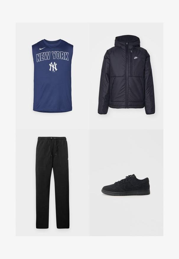 Svart, polstret Nike-jakke med frontglidelås og hette. Har en hvit logo på venstre bryst og doble frontlommer. Glatt ytterside.; Navy ermeløs jersey laget av lett stoff, med "NEW YORK" i fete hvite bokstaver og NY sportslogoen i midten.; Sorte joggebukser laget av fleece, med elastisk liv med snøring, to frontlommer og en liten logo på låret.; Lave sorte suedesneakers med perforeret tå, snørebånd og diskret Nike swoosh på siden, vist fra højre side på hvid baggrund.