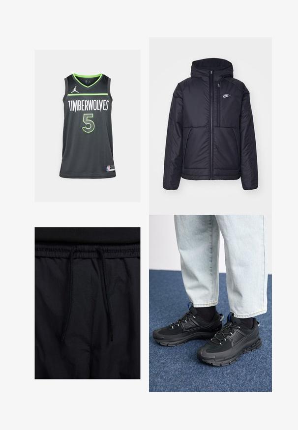 Black, padded Nike jacket with a front zipper and hood. Features a white logo on the left chest and dual front pockets. Smooth exterior texture.; Nike Performance NBA MINNESOTA TIMBERWOLVES ANTHONY EDWARDS - Club wear - anthracite; Black shorts featuring a drawstring waistband, lightweight fabric with a smooth texture, and a simple design without visible logos or patterns.; Black athletic shoes with textured fabric and rubber soles, featuring elastic laces and a blue accent on the heel. Worn with light denim pants.