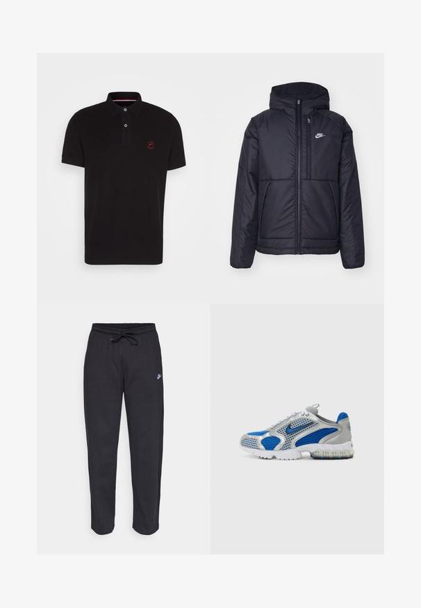 Chaqueta acolchada negra de Nike con cremallera frontal y capucha. Presenta un logo blanco en el lado izquierdo del pecho y dos bolsillos frontales. Textura exterior suave.; Polo negro con tapeta de dos botones, mangas cortas y un pequeño logo bordado en rojo. Fabricado en algodón, con una textura suave.; Pantalones de chándal negros hechos de una tela suave, con cintura elástica, cordón y un pequeño logo de Nike en el muslo izquierdo.; Zapatillas deportivas azules y plateadas con paneles de malla, un collar acolchado y una suela translúcida con acentos azules. Los cordones en contraste completan el diseño.