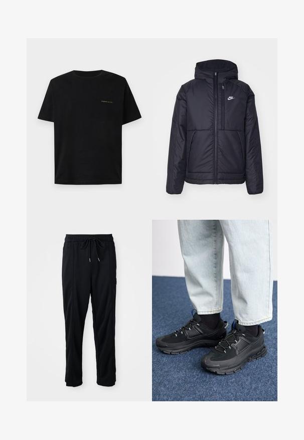 Svart, polstret Nike-jakke med frontglidelås og hette. Har en hvit logo på venstre bryst og doble frontlommer. Glatt ytterside.; Svart bomulls t-skjorte, kort ermer, rund hals, med liten grønn tekst på venstre brystområde, glatt tekstur.; Svarte casual bukser med strikk i livet, sidelommer og rett bein på en ensfarget bakgrunn.; Svarte sportssko med teksturert stoff og gummisåler, med elastiske lisser og en blå detalj på hælen. Brukt med lyse denimbukser.
