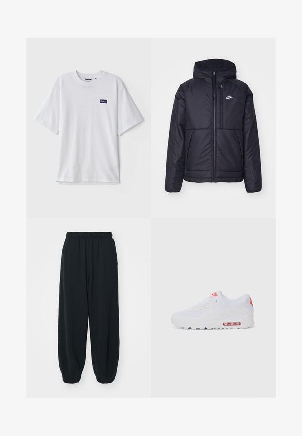 Juodas, paminkštintas Nike džemperis su priekyje užtrauktuku ir gobtuvu. Pasižymi balta logo kairėje krūtinės pusėje ir dviem priekinėmis kišenėmis. Su lygiu išoriniu paviršiumi.; Balta medvilninė marškinėliai su apvali iškirpte, trumpomis rankovėmis ir tamsiai mėlynu stačiakampiu logotipo užsilietimu kairėje krūtinės pusėje.; Juodi, su elastiniu juosmeniu sportiniai kelnės su laisvu siluetu, suapvalintais kulkšnimis, lygia tekstūra ir be matomų raštų ar metalinių akcentų.; Baltos sportinės sneaker'iai, turintys lygų paviršių, raištelių uždarymą, paminkštintą padą ir matomą oro vienetą su raudonomis akcentais ant prekės ženklo.