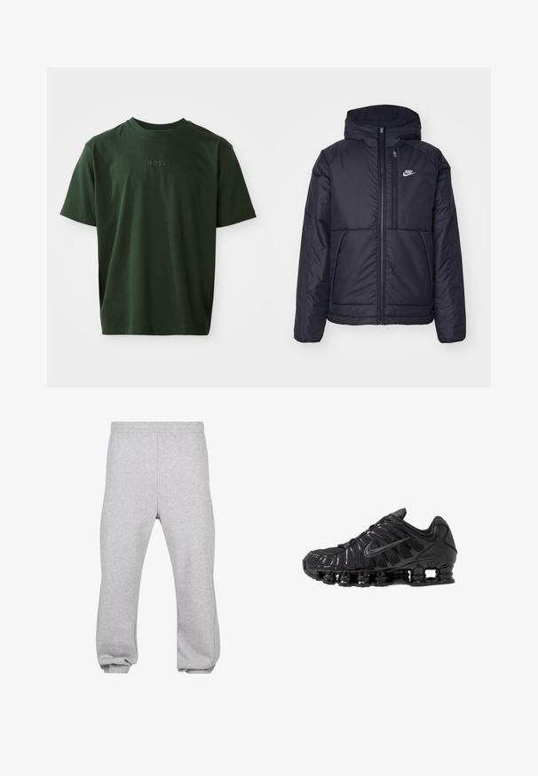 Black, padded Nike jacket with a front zipper and hood. Features a white logo on the left chest and dual front pockets. Smooth exterior texture.; Dark green short-sleeve t-shirt made of soft fabric. Features a crew neck and a subtle embossed "BOSS" logo on the front.; Gray sweatpants made of cotton blend, featuring an elastic waistband, tapered legs, and cuffed hems. Simple design with no patterns.; Black athletic shoes made of mesh and synthetic materials, featuring a distinct wavy design, black rubber sole, and reflective accents.