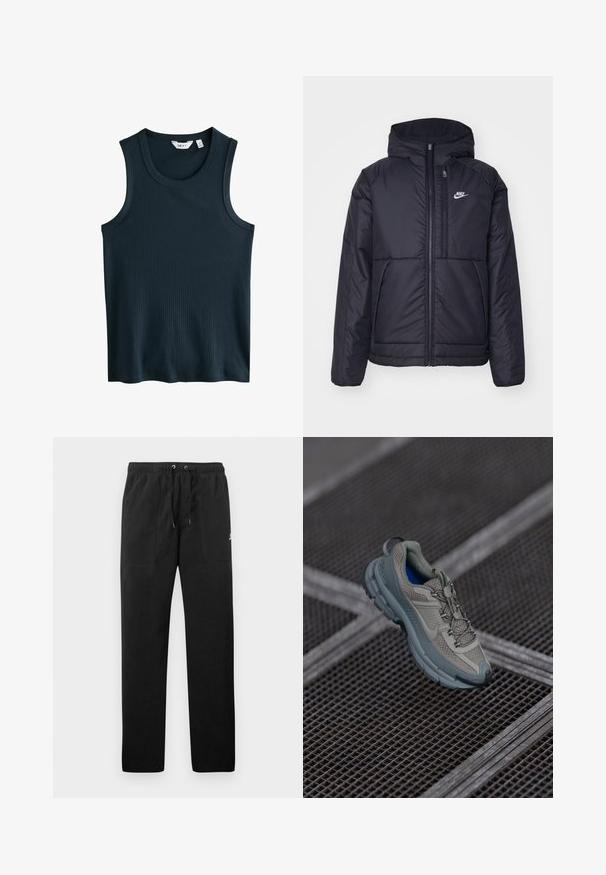 Jachetă Nike neagră, căptușită, cu fermoar pe față și glugă. Prezintă un logo alb pe pieptul stâng și două buzunare frontale. Textură exterioară netedă.; Top tank de culoare bleu închis, cu un guler rotund și bretele late. Fără modele sau accente vizibile. Fabricat dintr-un material moale și elastic.; Pantaloni de trening negri din fleece, cu talie elastică și șnururi, două buzunare frontale și un logo mic pe coapsă.; Încălțăminte sportivă bej și gri cu parte superioară din plasă texturată, vârf rotund și talpă din cauciuc, având șireturi și un guler căptușit.