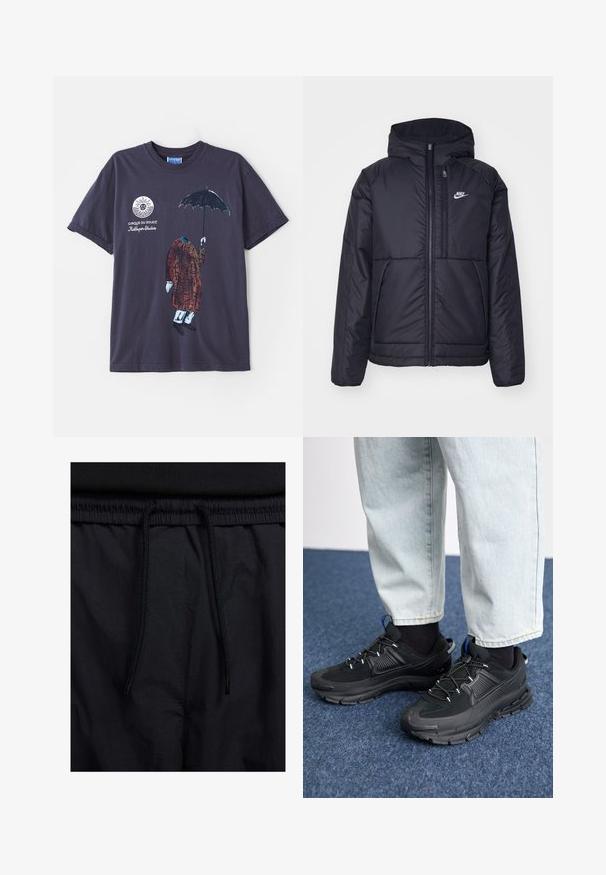 Melna, pufota Nike jaka ar priekšējo rāvējslēdzēju un kapuci. Iezīmēta ar baltu logotipu uz kreisās krūtis un divām priekšējām kabatām. Gluda ārējā tekstūra.; Jūras spēku kokvilnas t-krekls ar bezgalvas figūru brūnā mētelī, zilu biksēm un melnām kurpēm, turētu melnu lietussargu. Redzams "Cirque du Soleil" logo.; Melni šorti ar sašūtu jostu, viegls audums ar gludu tekstūru un vienkāršs dizains bez redzamiem logotipiem vai paraugiem.; Melni sporta apavi ar strukturētu audumu un gumijas zoli, ar elastīgām auklām un zilu akcentu uz papēža. Nēsāti ar gaišām džinsu biksēm.