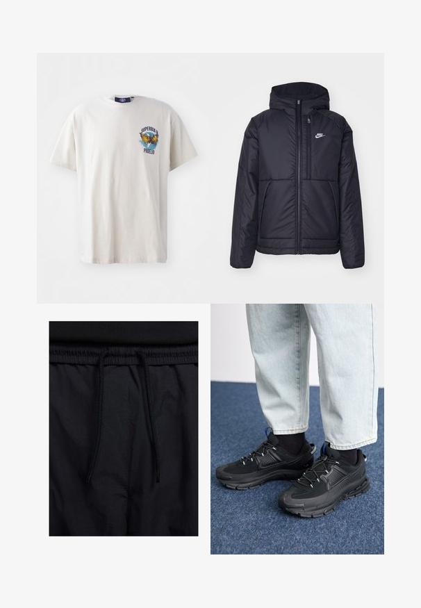 Must musta Nike jope, millel on ees lukuga avamine ja kapuuts. Vasakpoolne rind on kaunistatud valge logoga ning ees on kaks taskut. Sile välimine tekstuur.; Kreemikollane puuvillane T-särk lühikeste varrukatega, millel on värvikas kotka graafika ja tekst "SUPERBIA IN PROELIO" vasakul rinnal.; Mustad lühikesed püksid, millel on paelaga vöökoht, kerge kangas, mis on sileda tekstuuriga ning lihtne disain ilma nähtavate logode või mustriteta.; Mustad mustad jooksukingad, millel on tekstureeritud kangas ja kummist tallad, elastsed nöörid ning sinine aksent kandadel. Kandmine heledate teksadega.