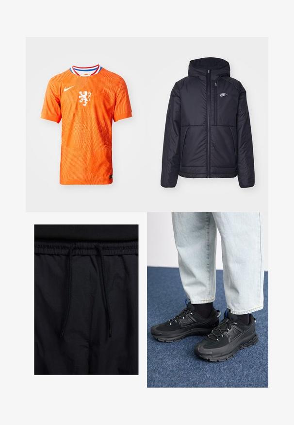 Giacca Nike nera, imbottita, con zip frontale e cappuccio. Presenta un logo bianco sul lato sinistro del petto e doppie tasche frontali. Texture esterna liscia.; Maglia da calcio arancione a maniche corte con una texture a pois, dotata di un emblema di leone bianco e un colletto multicolore. Realizzata in materiale leggero.; Shorts neri con vita regolabile tramite coulisse, tessuto leggero con una texture liscia e un design semplice senza loghi o motivi visibili.; Scarpe sportive nere con tessuto testurizzato e suole in gomma, dotate di lacci elastici e un accento blu sul tallone. Indossate con pantaloni in denim chiaro.