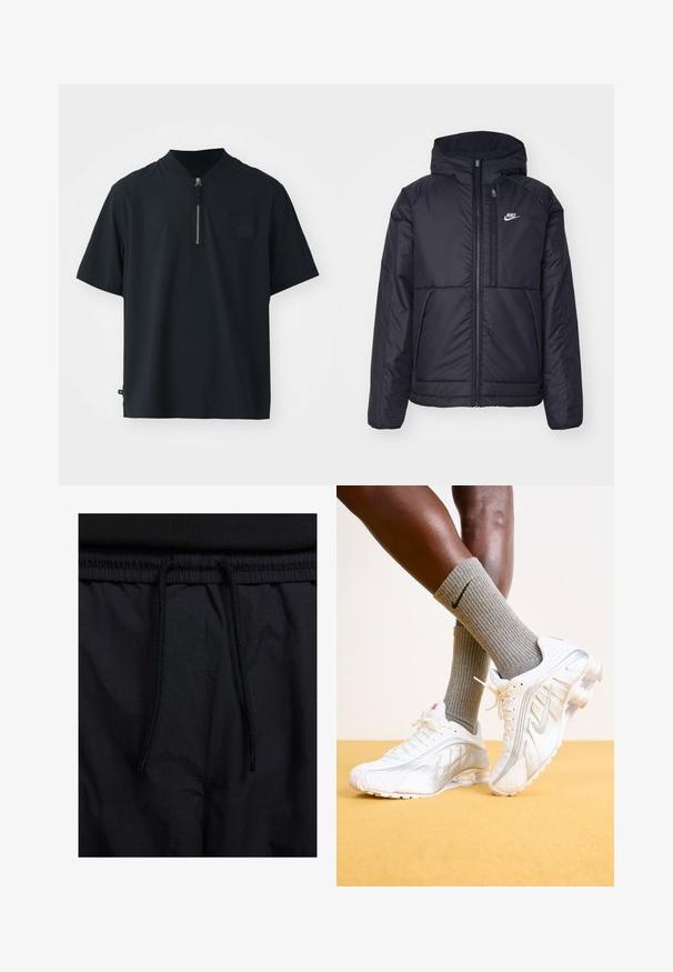 Čierna, polstrovaná bunda Nike so zipsom vpredu a kapucňou. Na ľavej strane hrude sa nachádza biele logo a sú tu dva predné vrecká. Hladký vonkajší povrch.; Čierna polokošeľa s krátkym rukávom vyrobená z textúrovanej tkaniny, so stojacim golierom, polozipom a pôvabnou nášivkou Nike na ľavej hrudi.; Čierne šortky s pásom na stiahnutie, z ľahkej látky s hladkou textúrou a jednoduchým dizajnom bez viditeľných log alebo vzorov.; Biele tenisky Nike so striebornými akcentmi, vybavené textúrovanými panelmi a perforáciami. Spárované so šedými rebrovanými ponožkami, umiestnené na žltom pozadí.