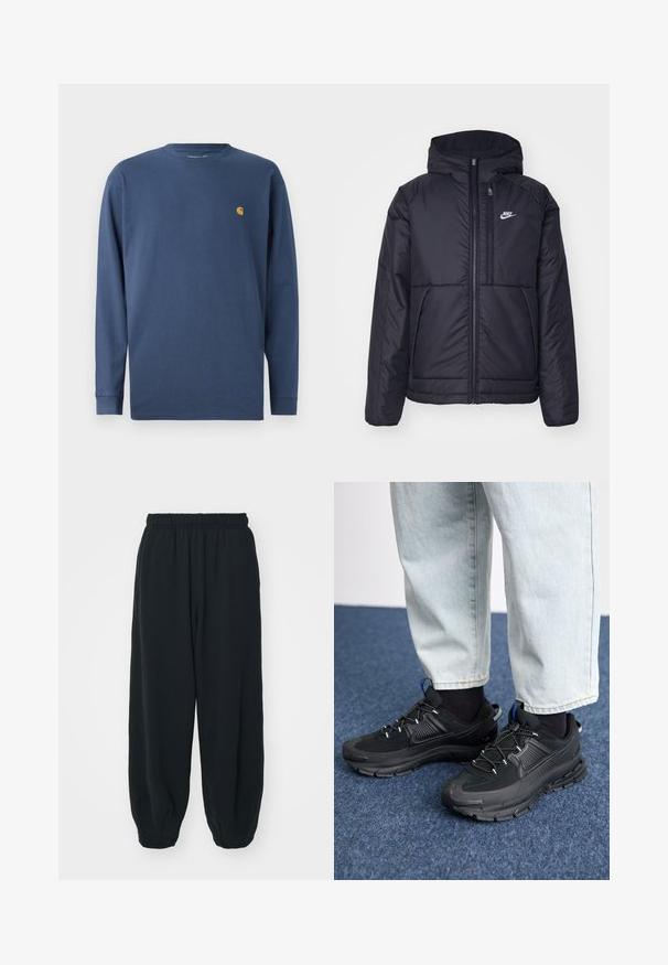 Black, padded Nike jacket with a front zipper and hood. Features a white logo on the left chest and dual front pockets. Smooth exterior texture.; Navy long-sleeve cotton t-shirt with a round neck, featuring a small golden logo on the left chest. Soft texture, standard fit.; Black, elasticated-waist sweatpants with a loose fit, cuffed ankles, smooth texture, and no visible patterns or hardware accents.; Black athletic shoes with textured fabric and rubber soles, featuring elastic laces and a blue accent on the heel. Worn with light denim pants.