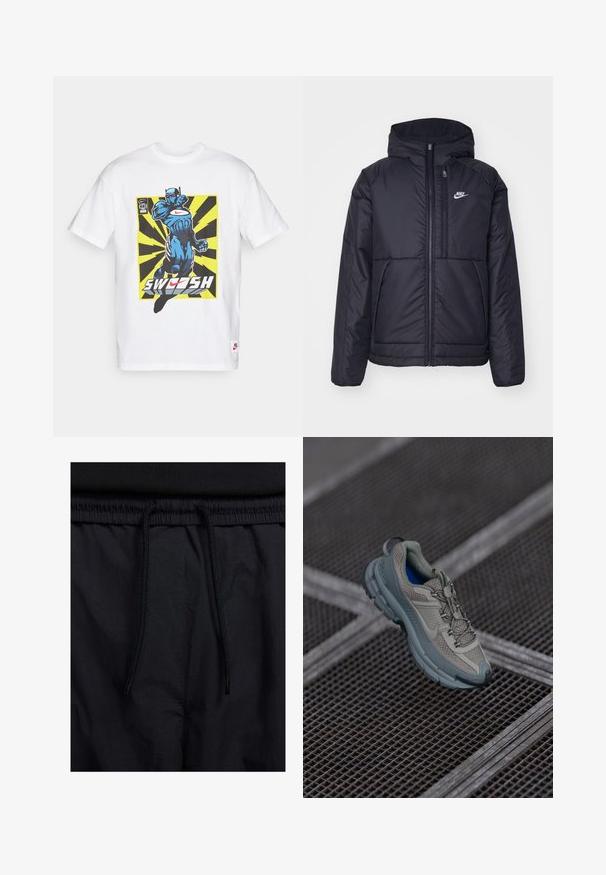 Melna, pufota Nike jaka ar priekšējo rāvējslēdzēju un kapuci. Iezīmēta ar baltu logotipu uz kreisās krūtis un divām priekšējām kabatām. Gluda ārējā tekstūra.; Balts kokvilnas T-krekls ar zilu komiksu stilā izveidotu grafiku, kurā attēlots varonis rīcībā, ar dzeltenām un melnām stariem un tekstu "SWOOSH".; Melni šorti ar sašūtu jostu, viegls audums ar gludu tekstūru un vienkāršs dizains bez redzamiem logotipiem vai paraugiem.; Bežīgas un pelēkas sporta kurpes ar teksturētu sieta augšdaļu, noapaļotu purngalu un gumijas zoli, satur šņores un mīkstinātu apkakli.