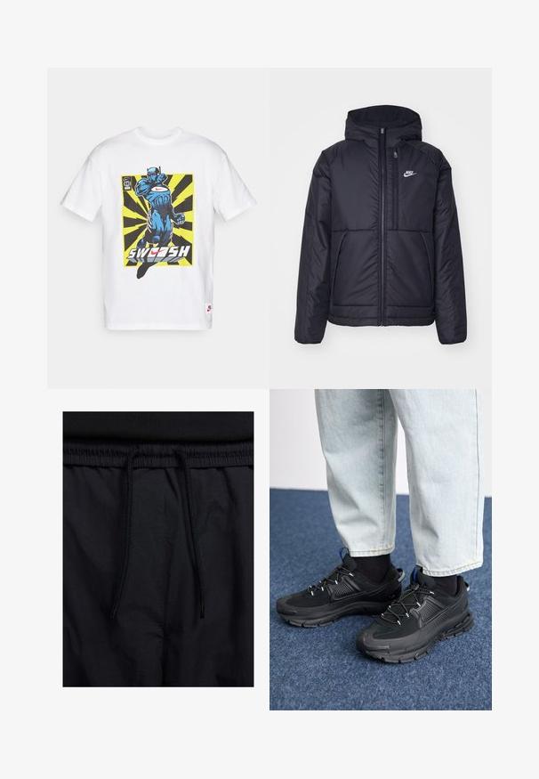 Must musta Nike jope, millel on ees lukuga avamine ja kapuuts. Vasakpoolne rind on kaunistatud valge logoga ning ees on kaks taskut. Sile välimine tekstuur.; Valge puuvillane T-särk, millel on sinine koomiksistiilis illustratsioon tegevuses oleva tegelasega, kollaste ja mustade kiirteta ning tekst "SWOOSH".; Mustad lühikesed püksid, millel on paelaga vöökoht, kerge kangas, mis on sileda tekstuuriga ning lihtne disain ilma nähtavate logode või mustriteta.; Mustad mustad jooksukingad, millel on tekstureeritud kangas ja kummist tallad, elastsed nöörid ning sinine aksent kandadel. Kandmine heledate teksadega.
