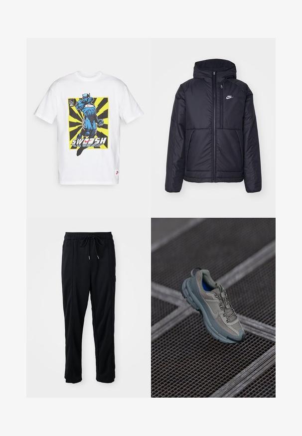 Μαύρο, επενδυμένο μπουφάν Nike με μπροστινό φερμουάρ και κουκούλα. Διαθέτει λευκό λογότυπο στο αριστερό στήθος και διπλές μπροστινές τσέπες. Λείο εξωτερικό υλικό.; Λευκό βαμβακερό t-shirt με μπλε γραφικό στυλ κόμικ ενός χαρακτήρα σε δράση, συνοδευόμενο από κίτρινες και μαύρες ακτίνες και κείμενο "SWOOSH".; Μαύρο παντελόνι casual με ρυθμιζόμενη μέση και πλευρικές τσέπες, κανονική γραμμή σε απλό φόντο.; Πετρόλ και γκρι αθλητικό παπούτσι με υφασμάτινη επένδυση, στρογγυλή μύτη και καουτσουκέιν σόλα, διαθέτοντας κορδόνια και μαξιλαρωμένη περιφέρεια.