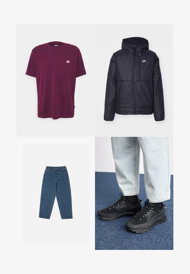 Black, padded Nike jacket with a front zipper and hood. Features a white logo on the left chest and dual front pockets. Smooth exterior texture.; Burgundy cotton t-shirt with a crew neck, short sleeves, and a small multi-colored logo on the chest. Smooth texture, standard fit.; Blue denim jeans with a relaxed fit, high waist, five-pocket design, and stitching accents. Features a button and zipper closure.; Black athletic shoes with textured fabric and rubber soles, featuring elastic laces and a blue accent on the heel. Worn with light denim pants.