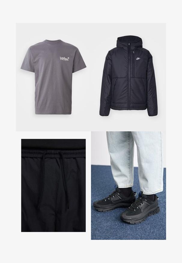 Melna, pufota Nike jaka ar priekšējo rāvējslēdzēju un kapuci. Iezīmēta ar baltu logotipu uz kreisās krūtis un divām priekšējām kabatām. Gluda ārējā tekstūra.; Pelēks kokvilnas T-krekls ar apaļu kakla izgriezumu un īsām piedurknēm, ar balto "Witopia" logo izdrukātu kreisajā krūšu daļā.; Melni šorti ar sašūtu jostu, viegls audums ar gludu tekstūru un vienkāršs dizains bez redzamiem logotipiem vai paraugiem.; Melni sporta apavi ar strukturētu audumu un gumijas zoli, ar elastīgām auklām un zilu akcentu uz papēža. Nēsāti ar gaišām džinsu biksēm.