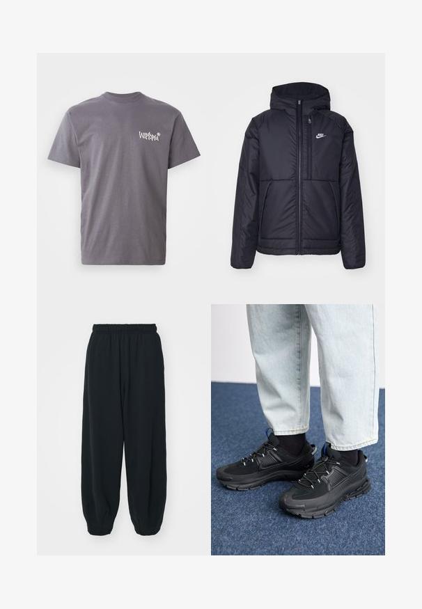 Schwarze, gepolsterte Nike-Jacke mit Frontreißverschluss und Kapuze. Hat ein weißes Logo auf der linken Brust und zwei Fronttaschen. Glattes äußeres Material.; Graues Baumwoll-T-Shirt mit Rundhalsausschnitt und kurzen Ärmeln, mit weißem "Witopia"-Logo auf der linken Brustseite bedruckt.; Schwarze Sweatpants mit elastischem Bund, lockerer Passform, gerippten Beinabschlüssen, glatter Textur und ohne sichtbare Muster oder Hardware-Akzente.; Schwarze Sportschuhe aus strukturiertem Stoff mit Gummisohlen, ausgestattet mit elastischen Schnürsenkeln und einem blauen Akzent an der Ferse. Getragen mit hellen Jeans.