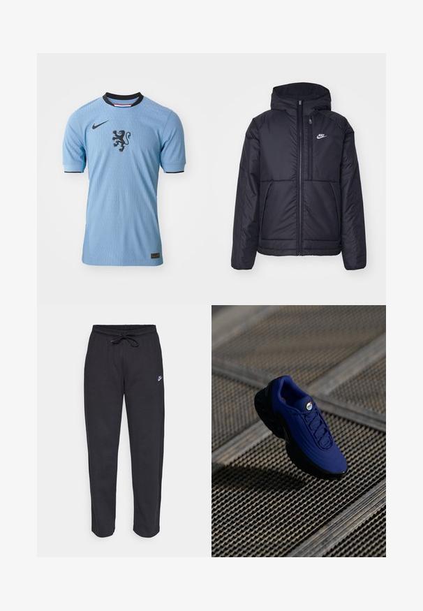 Must musta Nike jope, millel on ees lukuga avamine ja kapuuts. Vasakpoolne rind on kaunistatud valge logoga ning ees on kaks taskut. Sile välimine tekstuur.; Heleheline Nike jalgpallijersey lühikeste varrukatega, käeääred tõmmised, must lõvi emblem keskel ja musta tooni kraeaktsendid.; Mustad mustad, pehmest kangast, elastse vöökoha, nööriga ja väikese Nike logo'ga vasakul reiel.; Sinine sportlik king, millel on tekstuuriga pealisosa, must talla ja paelad. Omab "air" brändingut keeles ning nähtavaid õhu-väljakutse elemente.