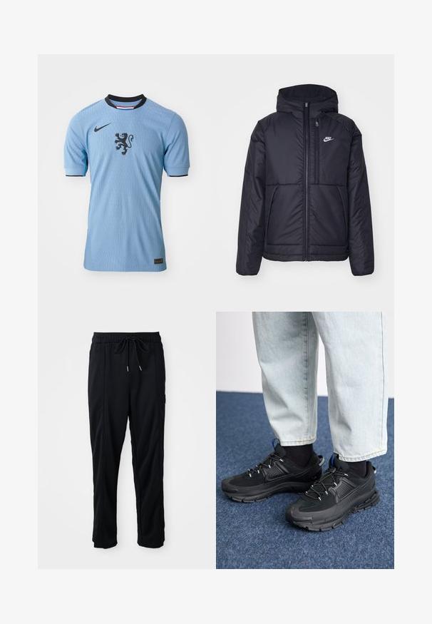 Svart, vadderad Nike-jacka med dragkedja framtill och huva. Har en vit logotyp på vänster bröst och dubbla framfickor. Slät yttextur.; Ljusblå Nike fotbollsjersey med korta ärmar, ribbad textur, svart lejonemblem i mitten och svarta krage-accenter.; Svarta byxor med dragsko i midjan, avslappnad stil, med sidfickor och rak benklippning på en plain bakgrund.; Svarta sportskor med texturerat tyg och gummisulor, med elastiska snörningar och en blå detalj på hälen. Bärs med ljusa jeans.