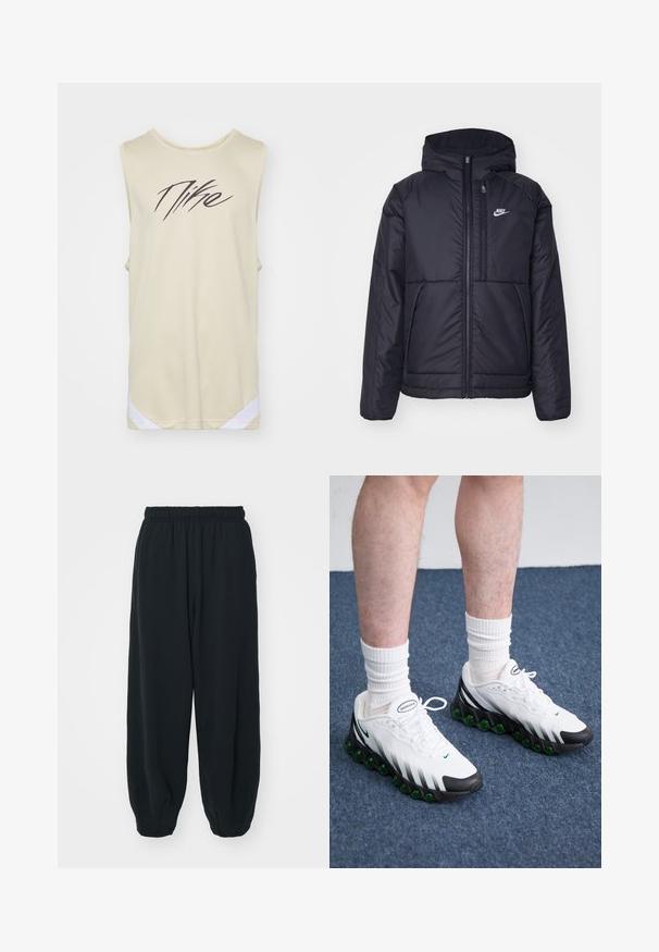 Črna, podložena Nike jakna z sprednjim zadrgo in kapuco. Ima bel logo na levem prsnem delu in dvojna sprednja žepa. Gladka zunanja tekstura.; Nike Performance ICON - Top - team gold/white/black; Črne, elastične hlače za prosti čas z ohlapnim krojem, manšetami na gležnjih, gladko teksturo in brez vidnih vzorcev ali dodatkov.; Bele športne čevlje z črnimi poudarki in zelenim oblazinjenjem. Imajo strukturirano zgornji del, zavezovanje na vezalke in vidno blagovno znamko.