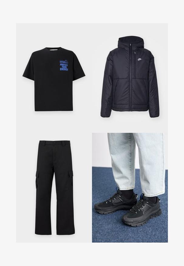 Black, padded Nike jacket with a front zipper and hood. Features a white logo on the left chest and dual front pockets. Smooth exterior texture.; Black cotton t-shirt with short sleeves, featuring blue text "PROTECT YOUR ENERGY" and a graphic design on the upper left side.; Black cargo pants with a straight leg design. Made from durable fabric, featuring two side pockets with flap closures and a button fly.; Black athletic shoes with textured fabric and rubber soles, featuring elastic laces and a blue accent on the heel. Worn with light denim pants.