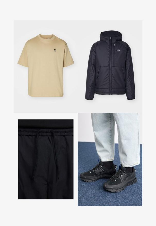 Jachetă Nike neagră, căptușită, cu fermoar pe față și glugă. Prezintă un logo alb pe pieptul stâng și două buzunare frontale. Textură exterioară netedă.; Tricou din bumbac bej, cu mâneci scurte, gât rotund și un mic logo brodat pe piept. Croială clasică, tip boxy și textură netedă.; Șorturi negre cu un brâu reglabil, dintr-un material ușor cu o textură netedă și un design simplu, fără logo-uri sau modele vizibile.; Pantofi sport negri, cu țesătură texturată și tălpi din cauciuc, având șireturi elastice și un accent albastru pe toc. Purtați cu pantaloni din denim deschis.