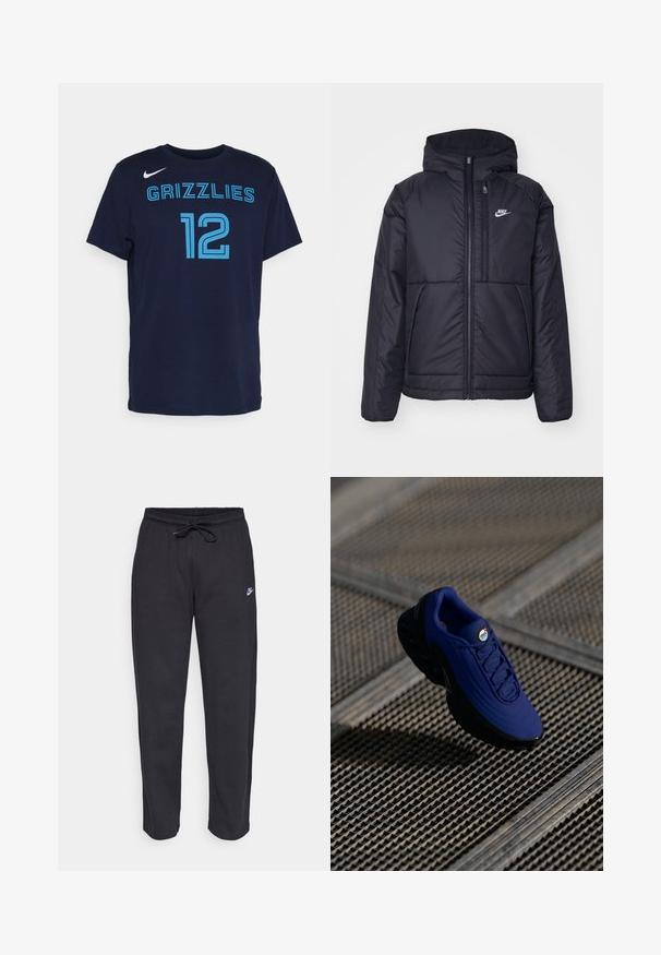 Schwarze, gepolsterte Nike-Jacke mit Frontreißverschluss und Kapuze. Hat ein weißes Logo auf der linken Brust und zwei Fronttaschen. Glattes äußeres Material.; Navyblaue Baumwoll-T-Shirt mit kurzen Ärmeln, das "GRIZZLIES" und die Nummer "12" in hellblauen Buchstaben zeigt. Nike-Logo auf der linken Schulter vorne.; Schwarze Sweatpants aus weichem Stoff mit elastischem Bund, Kordelzug und kleinem Nike-Logo auf dem linken Oberschenkel.; Blauer Sportschuh mit einer strukturierten Oberseite, schwarzer Sohle und Schnürsenkeln. Verfügt über ein "Air"-Logo auf der Zunge und sichtbarene Luftpolsterungselemente.