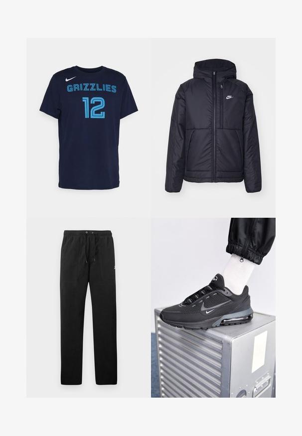 Zwarte, gewatteerde Nike-jas met een voorkant met ritssluiting en capuchon. Kenmerkt zich door een wit logo op de linkerborst en dubbele frontzakken. Gladde buitenkant.; Marineblauw katoenen T-shirt met korte mouwen, met "GRIZZLIES" en het nummer "12" in lichtblauwe letters. Nike-logo op de linkerschouder.; Zwarte sweatpants van fleece, met een elastische tailleband met trekkoorden, twee voorzakken en een klein logo op de dij.; Nike Sportswear PULSE - Sneakers laag - black/anthracite
