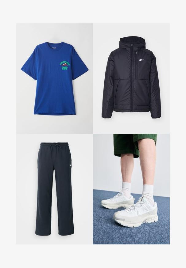 Svart, vadderad Nike-jacka med dragkedja framtill och huva. Har en vit logotyp på vänster bröst och dubbla framfickor. Slät yttextur.; Blå bomulls-t-shirt med korta ärmar, med en tryckt grafik på vänster bröst i grönt och rött, texten inkluderar "Carhartt WIP" och "Pronto Subito."; Mörkblå sweatpants med elastiskt midjeband och snörning. Tillverkade av mjukt tyg, med en liten vit logotyp på vänster höft.; Vita atletiska skor med texturerade överlägg, en tjock sula och grå accenter. Bärs med vita strumpor och gröna shorts på en blå yta.