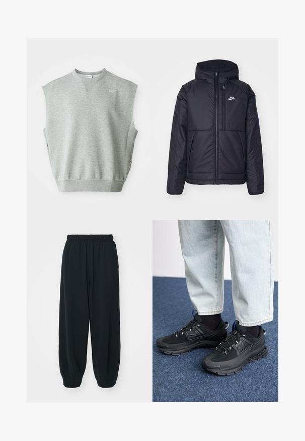 Juodas, paminkštintas Nike džemperis su priekyje užtrauktuku ir gobtuvu. Pasižymi balta logo kairėje krūtinės pusėje ir dviem priekinėmis kišenėmis. Su lygiu išoriniu paviršiumi.; Pilkas be rankovių sportinis megztinis su apvalia iškirpte, minkšta tekstūra ir šoninėmis užtrauktukais. Ant viršutinės kairės pusės yra mažas Nike logotipas.; Juodi, su elastiniu juosmeniu sportiniai kelnės su laisvu siluetu, suapvalintais kulkšnimis, lygia tekstūra ir be matomų raštų ar metalinių akcentų.; Juodi sportiniai bateliai su tekstūruota medžiaga ir guminiais padais, su elastingomis raišteliais ir mėlynu akcentu ant kulno. Dėvimi su šviesiai mėlynomis džinsinėmis kelnėmis.