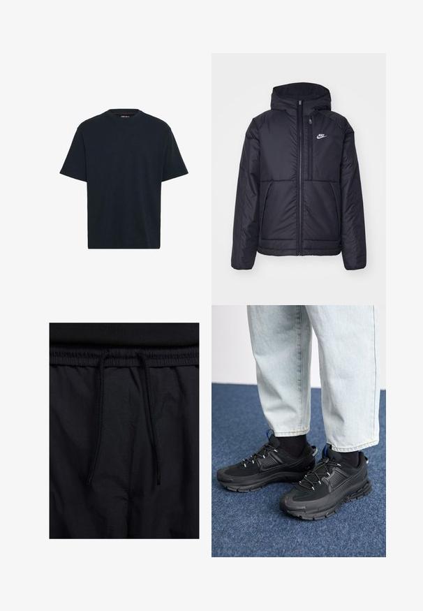 Fekete, párnázott Nike dzseki elülső cipzárral és kapucnival. A bal mellen fehér logó található, valamint két elülső zseb. Simának tűnő külső felület.; Sötétkék pamut póló, kereknyakú, rövid ujjú és laza fazonnal. Sima textúra, látható minták vagy díszítések nélkül.; Fekete rövidnadrág, húzózsinórral ellátott derékrésszel, könnyű anyagból, sima felszínen, egyszerű dizájnnal, látható logók vagy minták nélkül.; Fekete sportcipők texturált anyaggal és gumitalppal, elasztikus fűzőkkel és kék kiegészítővel a saroknál. Világos farmernadrággal viselve.