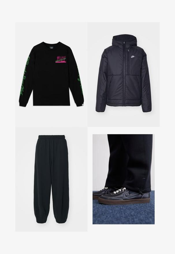 Svart, polstret Nike-jakke med frontglidelås og hette. Har en hvit logo på venstre bryst og doble frontlommer. Glatt ytterside.; Svart langermet t-skjorte laget av bomull, med rosa og grønne grafikker på brystet og ermene. Enkel design med rund hals og ribbestrikkede ermer.; Sorte, joggebukser med elastisk liv, løs passform, mansjetter på ankler, glatt tekstur og uten synlige mønstre eller hardware-detaljer.; Nike Sportswear KILLSHOT 2 LTR PRM OPP2 - Joggesko - black sail baroque brown mtlc dk grey