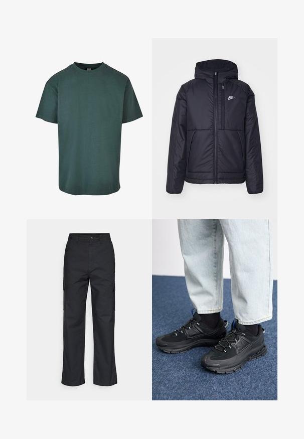 Jachetă Nike neagră, căptușită, cu fermoar pe față și glugă. Prezintă un logo alb pe pieptul stâng și două buzunare frontale. Textură exterioară netedă.; Tricou din bumbac verde închis, cu guler rotund, mâneci scurte și margine dreaptă. Textură moale, croială casual și design simplu.; Pantaloni cargo negri cu un design drept, dotati cu buzunare laterale si un material texturat. Inchidere cu buton la talie pentru o potrivire sigura.; Pantofi sport negri, cu țesătură texturată și tălpi din cauciuc, având șireturi elastice și un accent albastru pe toc. Purtați cu pantaloni din denim deschis.