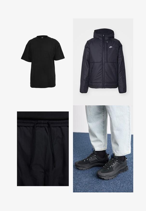 Musta, pehmustettu Nike-takki, jossa on etuvetoketju ja huppu. Vasemmassa rinnassa on valkoinen logo ja takissa on kaksinkertaiset etutaskut. Pintakoe on sileä.; Mustat puuvillaiset t-paidat, joissa on rento malli, lyhyet hihat, pyöreä pääntie ja sileä, tasainen pinta. Ei näkyviä logoja tai kuvioita.; Mustat shortsit, joissa on naru vyötäröllä, kevyestä kankaasta valmistettu, sileä tekstuuri ja yksinkertainen muotoilu ilman näkyviä logoja tai kuvioita.; Mustat urheilukengät, joissa on teksturoitu kangas ja kumipohjat, elastiset nauhat ja sininen yksityiskohta kannassa. Yhdistetty vaaleisiin farkkuihin.